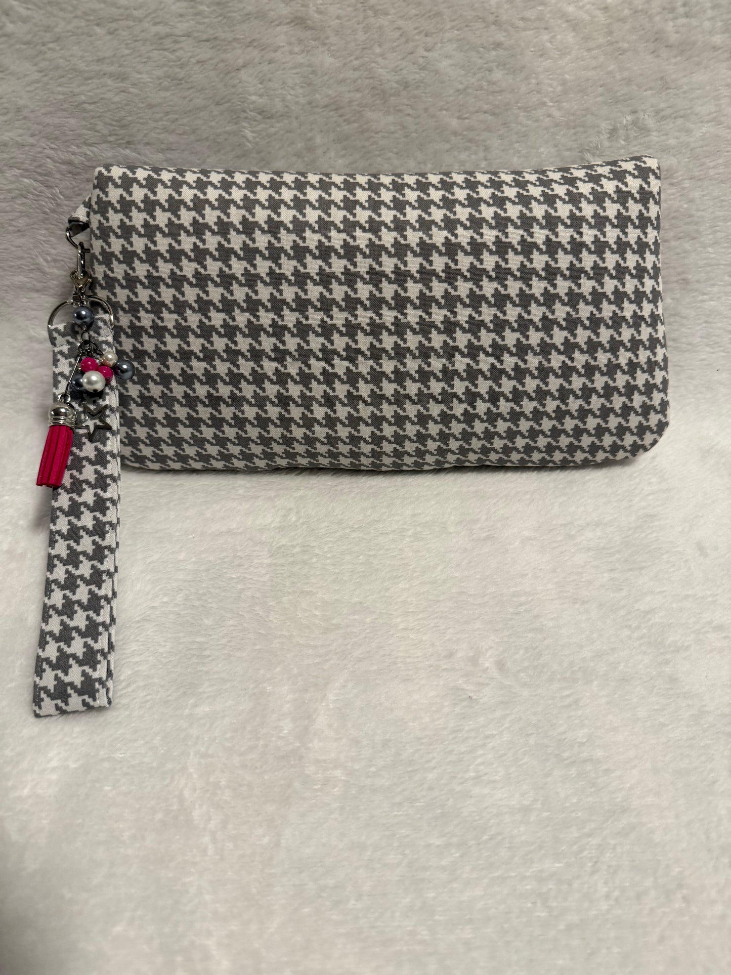 Gray Houndstooth Handmade Wristlet Clutch Bag