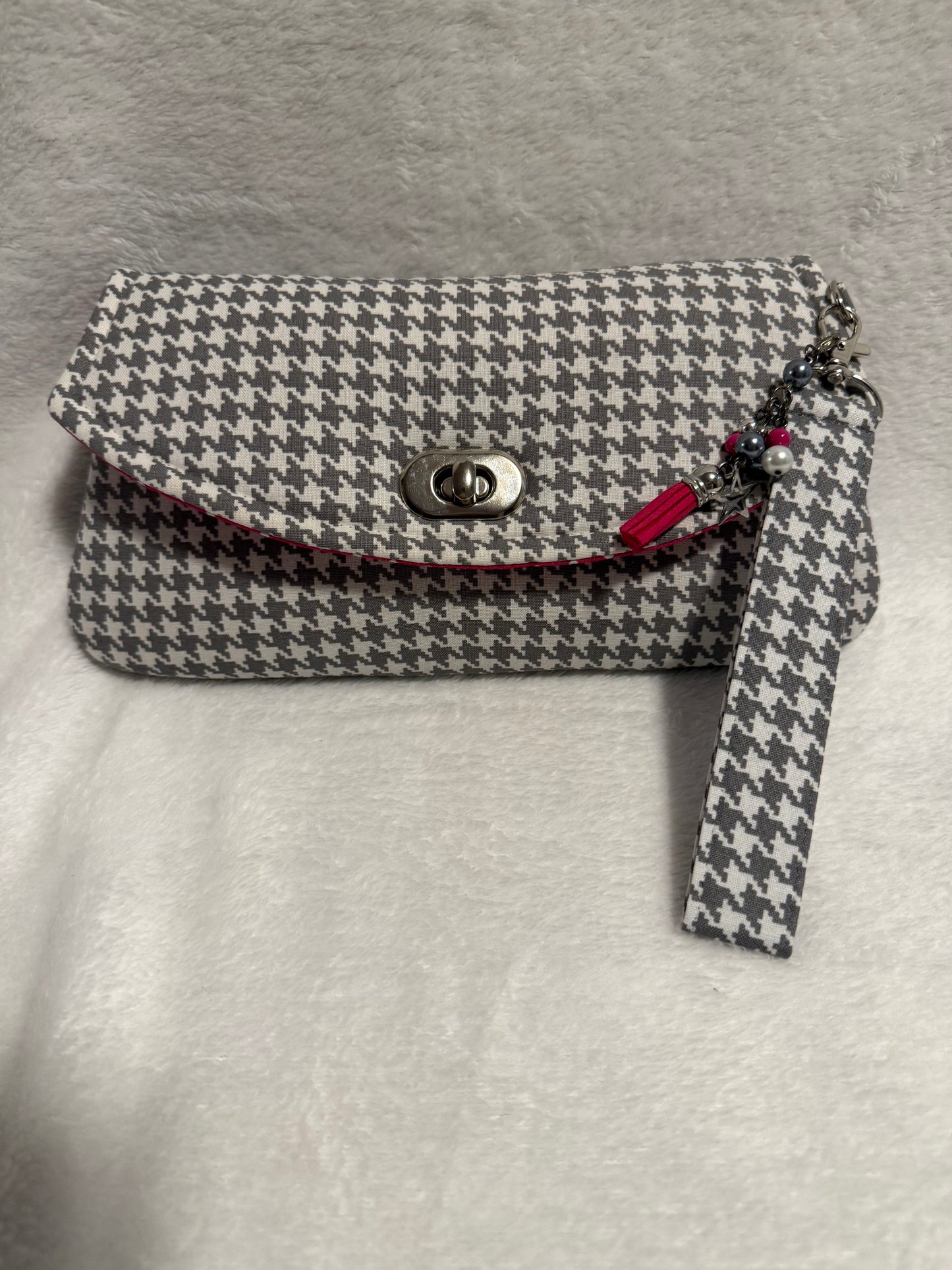 Gray Houndstooth Handmade Wristlet Clutch Bag