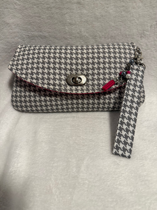Gray Houndstooth Handmade Wristlet Clutch Bag