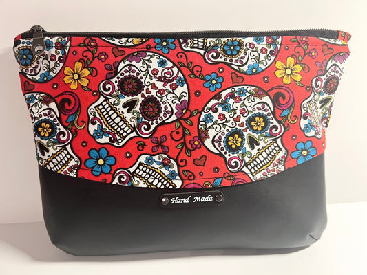 Red Sugar Skull Makeup Bag – 10” x 7.5” Cotton Cosmetic Pouch
