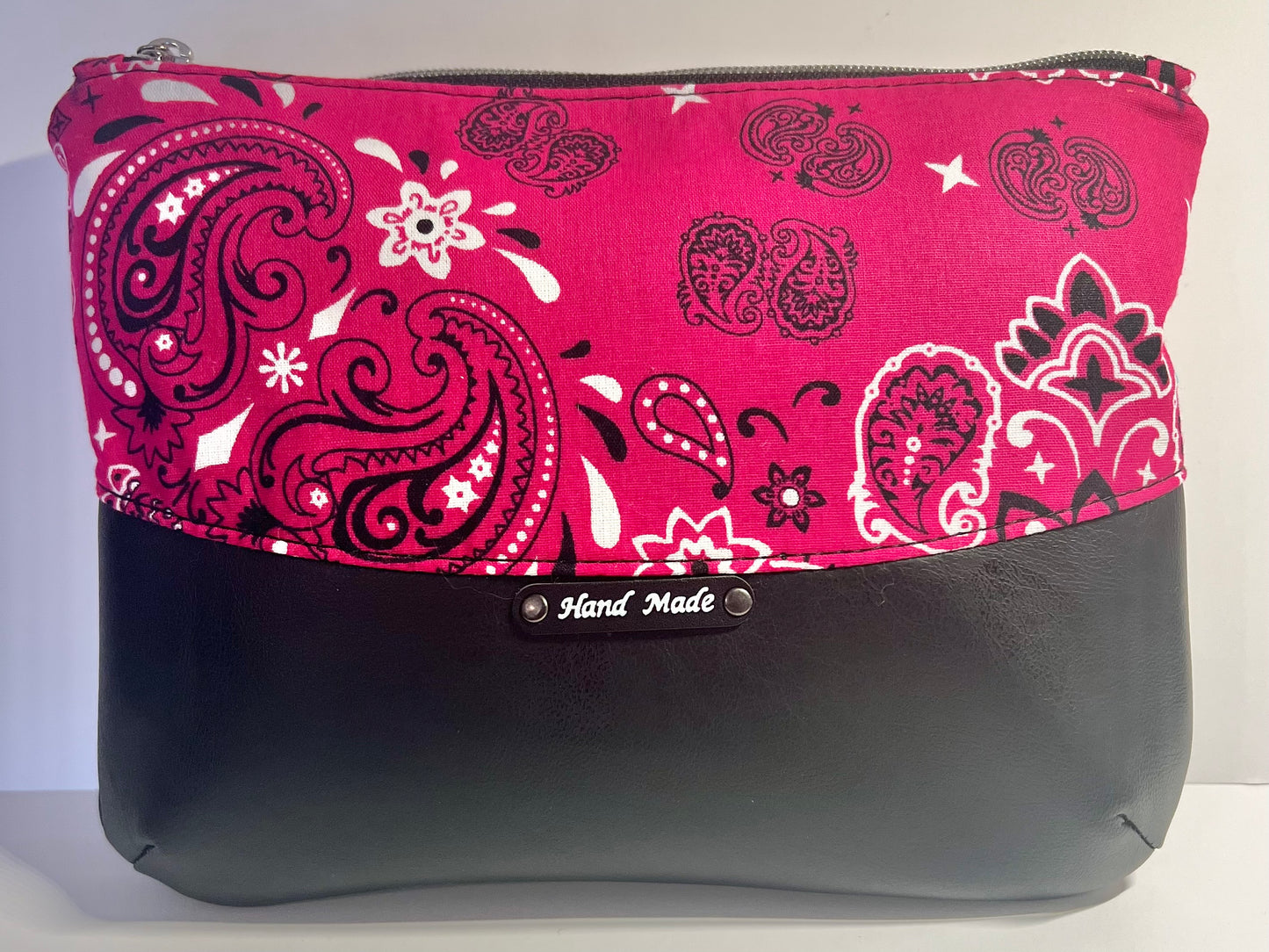 Pink Bandana Print Makeup Bag – 10” x 8” Cotton Cosmetic Pouch