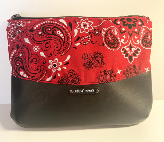 Red Bandana Print Makeup Bag – 10” x 8” Cotton Cosmetic Pouch