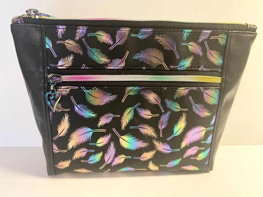 Holographic Feather Print Makeup Bag – 9” x 7.5” Cosmetic Pouch