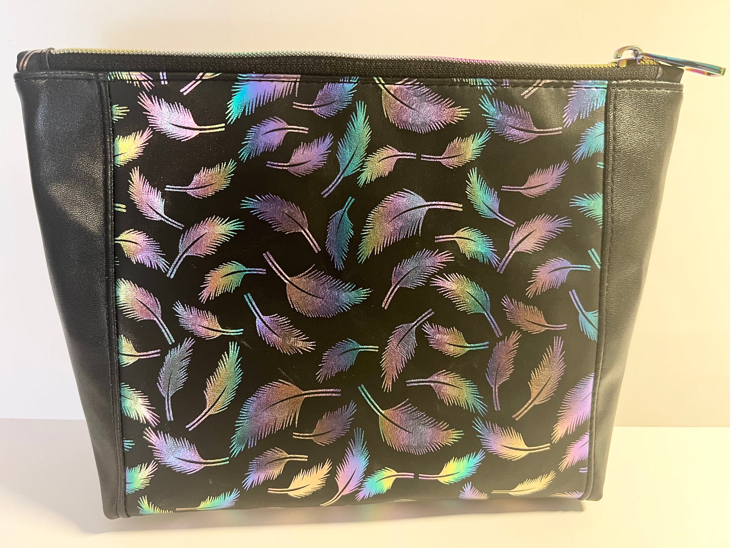 Holographic Feather Print Makeup Bag – 9” x 7.5” Cosmetic Pouch