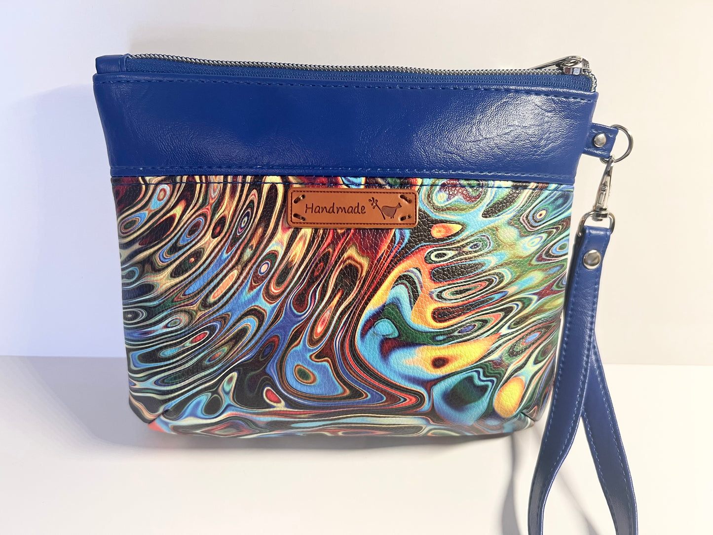 Handmade Mirrored Blue & Gold Cosmetic / Essentials Bag 8”W x 6.5”H