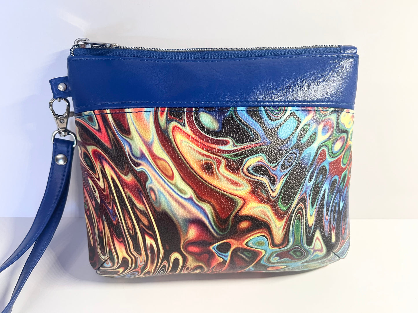 Handmade Mirrored Blue & Gold Cosmetic / Essentials Bag 8”W x 6.5”H