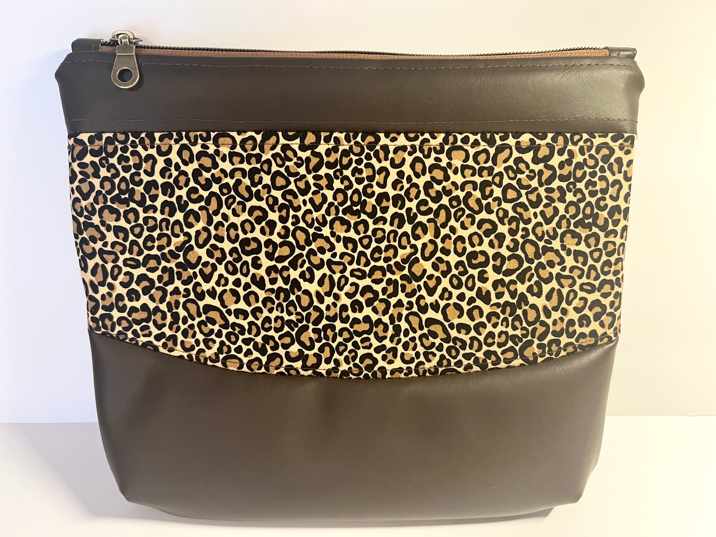 Handmade Leopard Cotton Print Cosmetic / Essentials Bag 10”W x 9”H