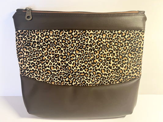 Handmade Leopard Cotton Print Cosmetic / Essentials Bag 10”W x 9”H