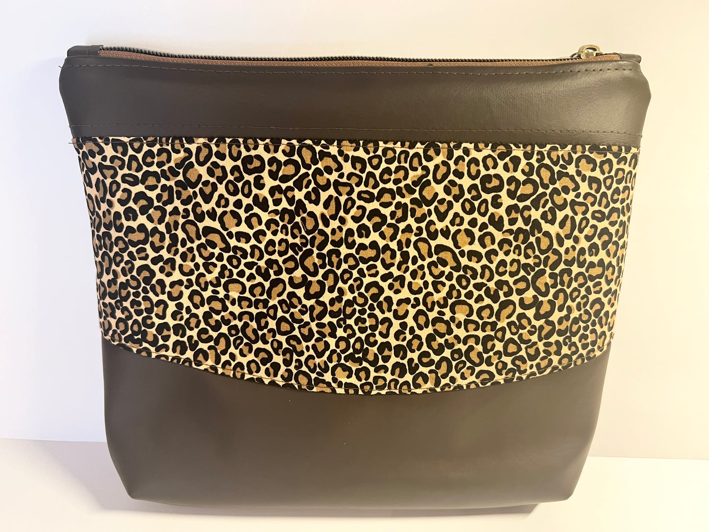 Handmade Leopard Cotton Print Cosmetic / Essentials Bag 10”W x 9”H