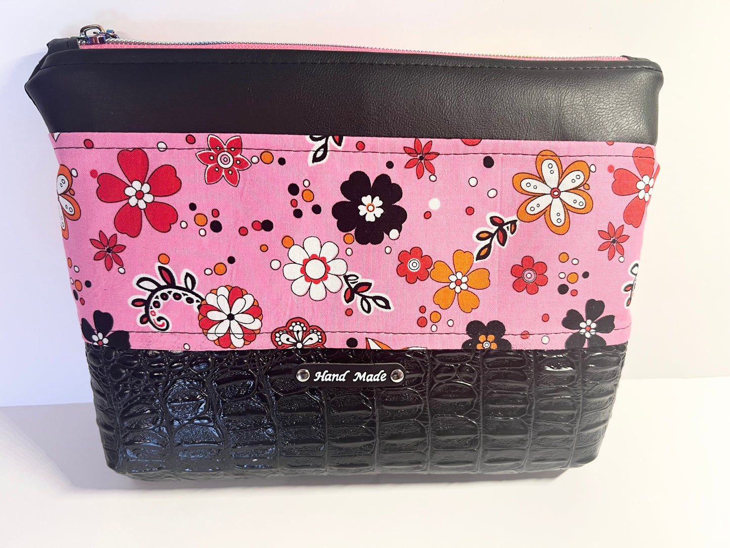 Handmade Pink Floral Cotton Print Cosmetic / Essentials Bag 10”W x 7.5”H
