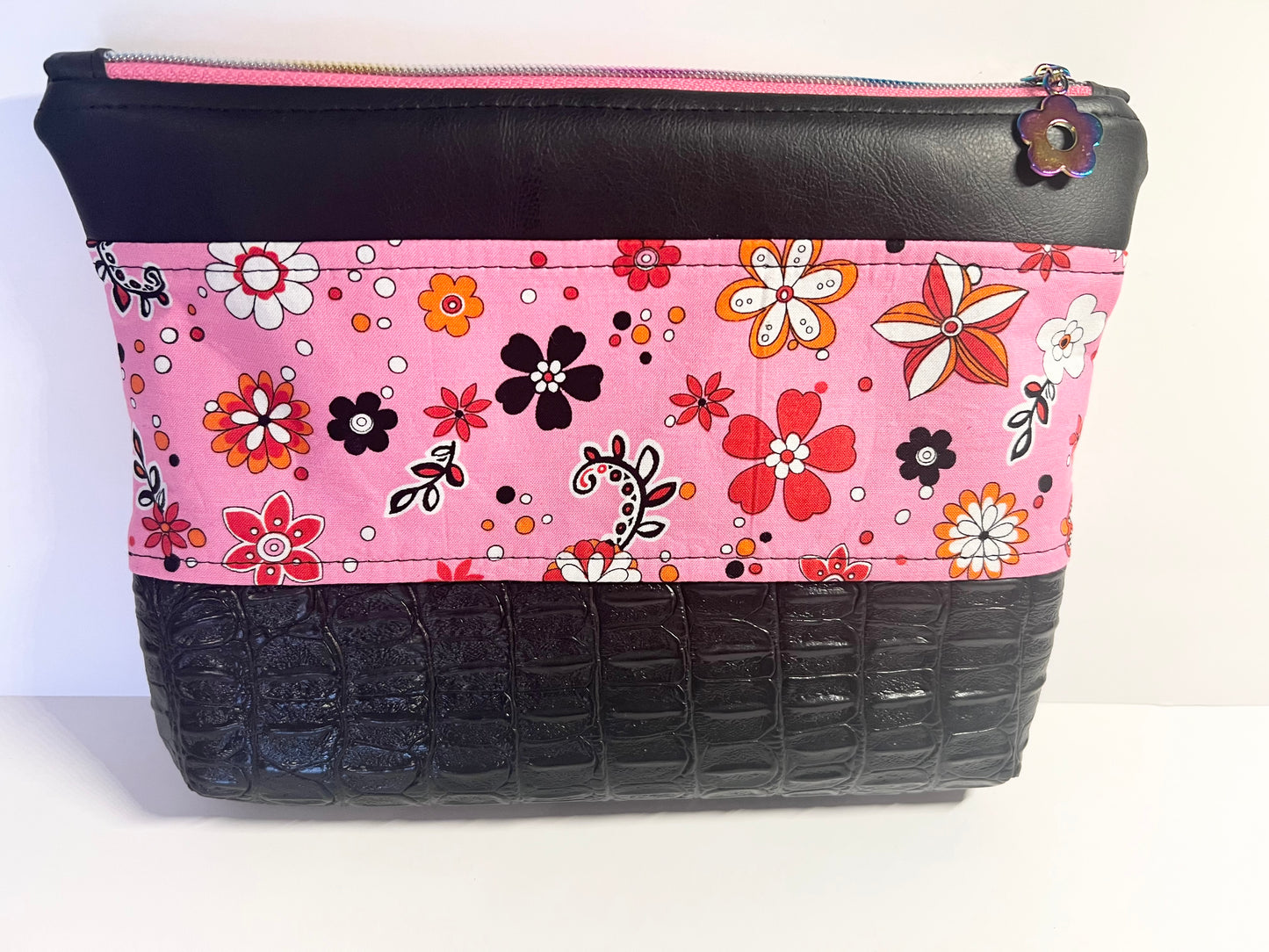 Handmade Pink Floral Cotton Print Cosmetic / Essentials Bag 10”W x 7.5”H