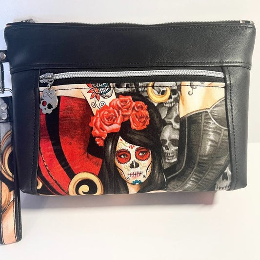 La Rosa Vida Handmade Sugar Skull Wristlet Purse