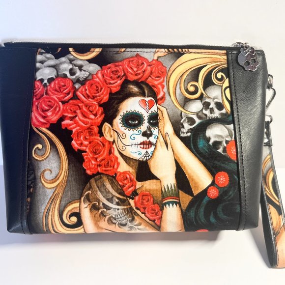 La Rosa Vida Handmade Sugar Skull Wristlet Purse