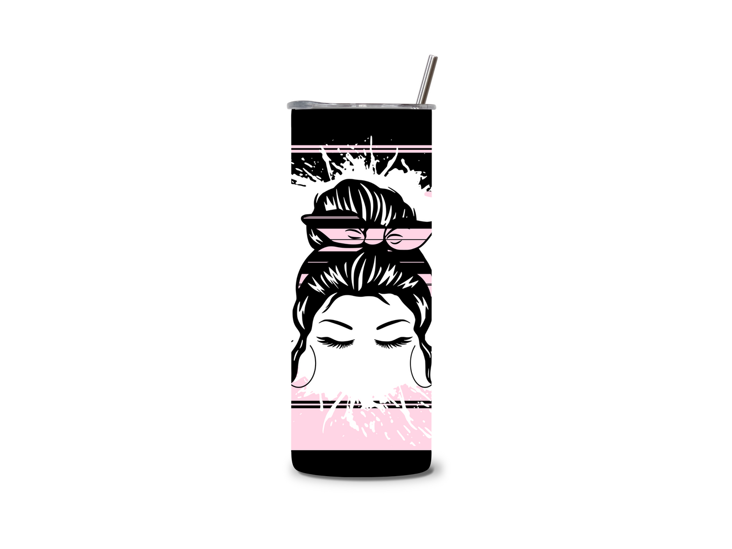 MESSY HAIR Girl Pink Black Plaid Stripes 20 oz Skinny Tumbler Stainless Steel