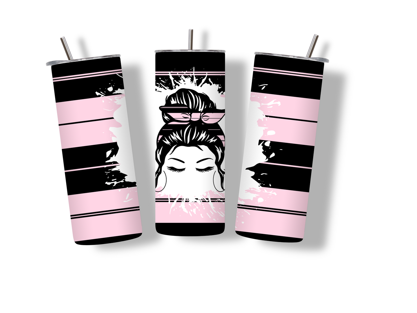 MESSY HAIR Girl Pink Black Plaid Stripes 20 oz Skinny Tumbler Stainless Steel