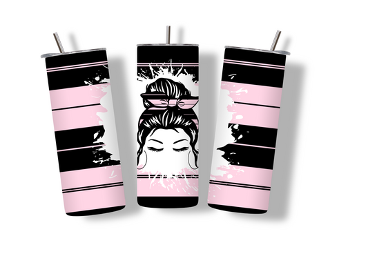 MESSY HAIR Girl Pink Black Plaid Stripes 20 oz Skinny Tumbler Stainless Steel