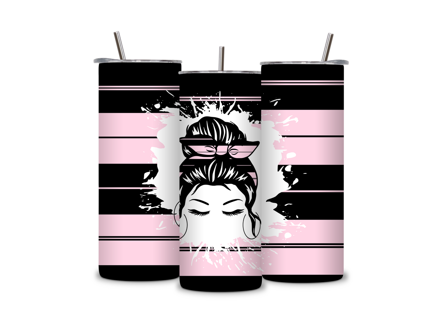 MESSY HAIR Girl Pink Black Plaid Stripes 20 oz Skinny Tumbler Stainless Steel