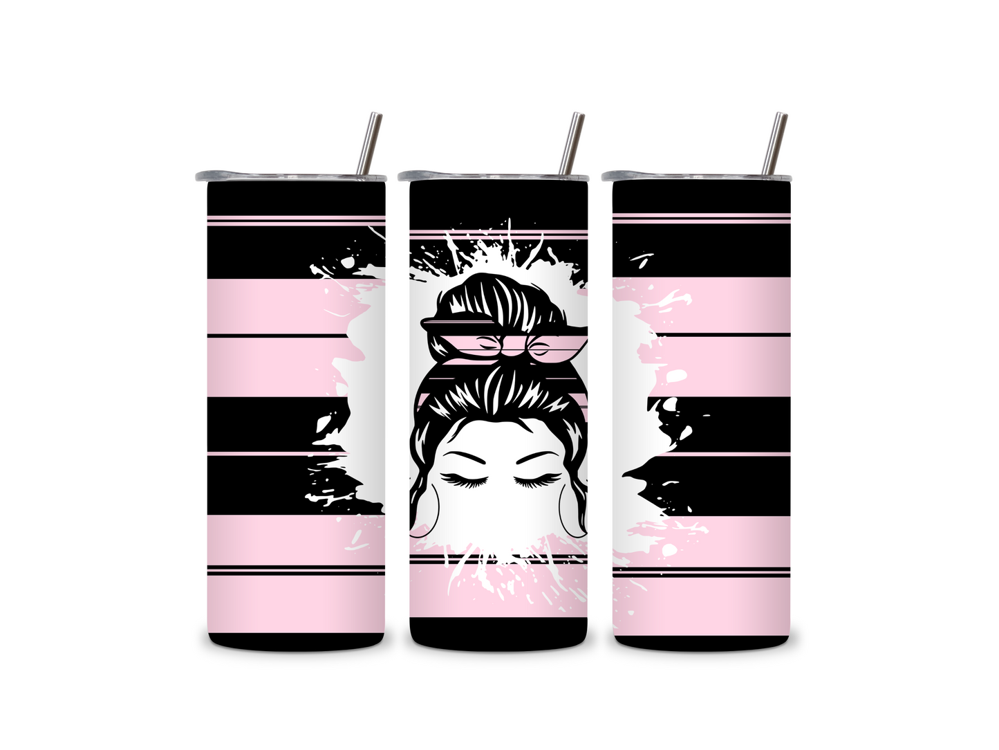 MESSY HAIR Girl Pink Black Plaid Stripes 20 oz Skinny Tumbler Stainless Steel