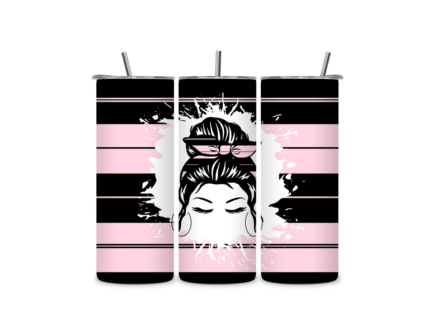 MESSY HAIR Girl Pink Black Plaid Stripes 20 oz Skinny Tumbler Stainless Steel