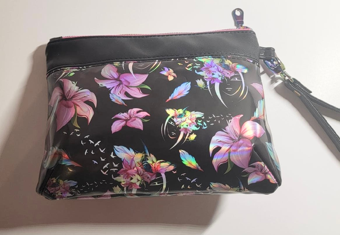 Jelly Fabric Floral/Face Print Wristlet! 8”W x 6”H