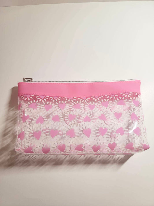 Jelly Fabric Pink Heart Print Makeup Bag! 10”W x 5.5”H