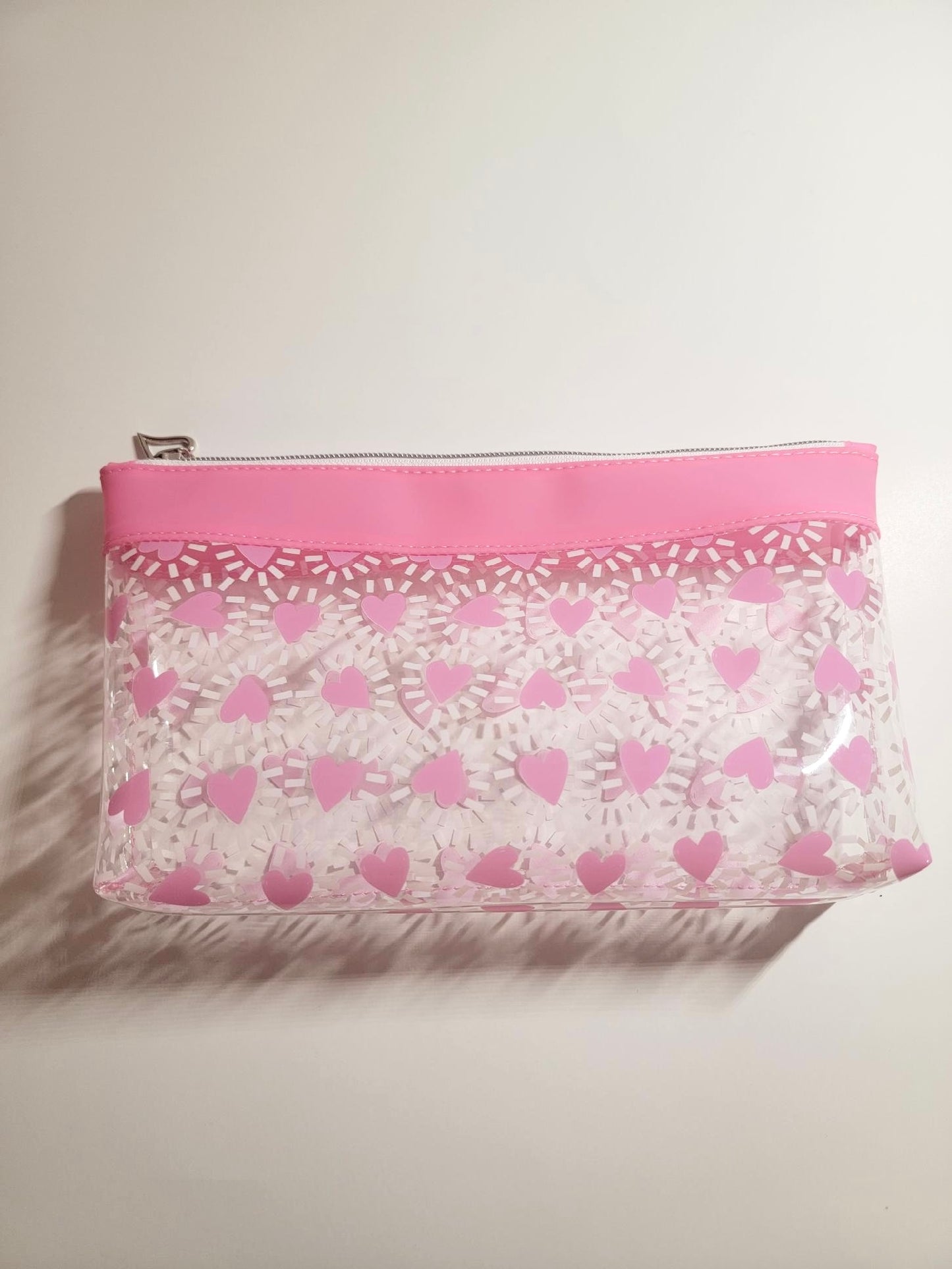 Jelly Fabric Pink Heart Print Makeup Bag! 10”W x 5.5”H