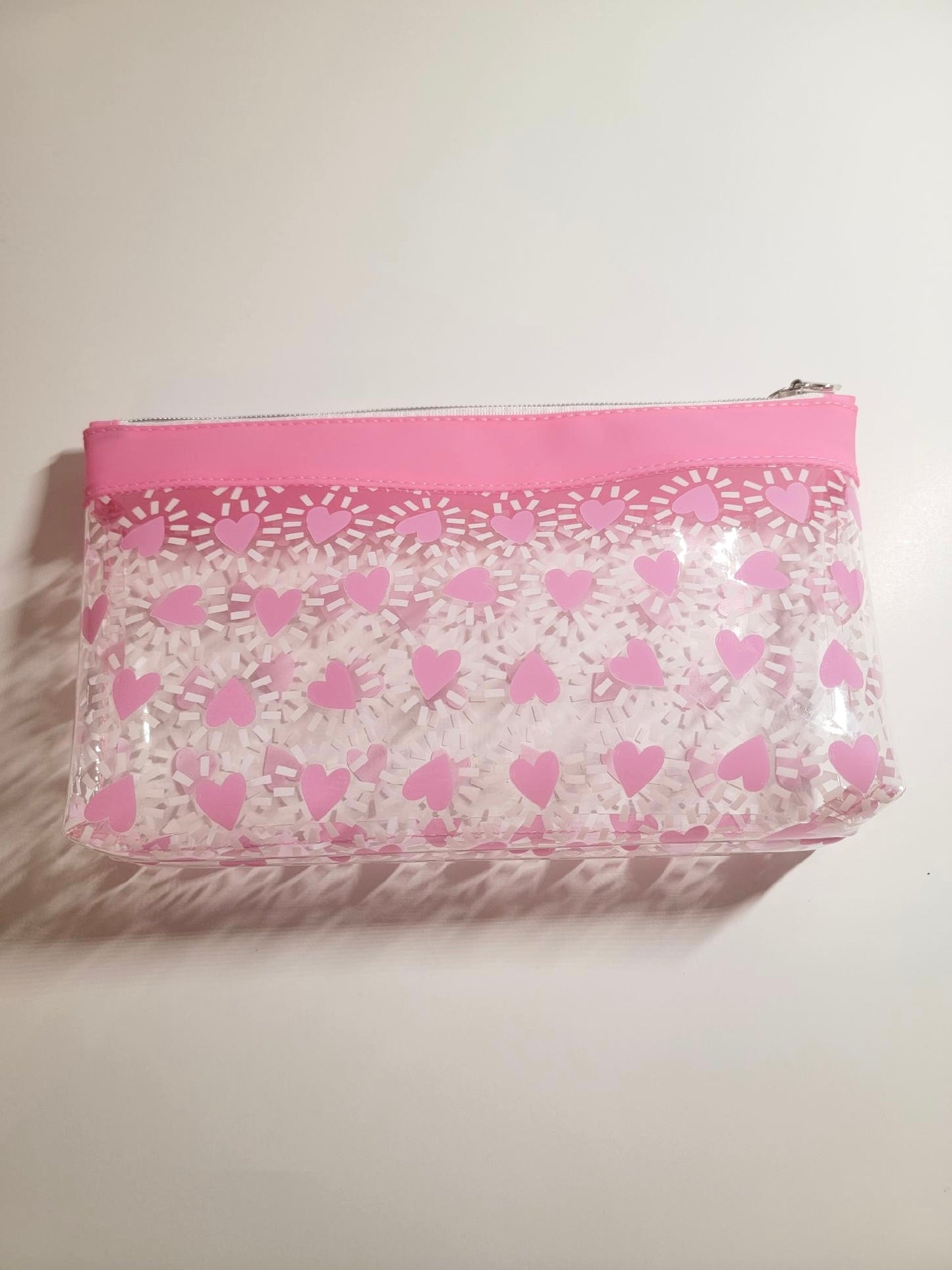 Jelly Fabric Pink Heart Print Makeup Bag! 10”W x 5.5”H