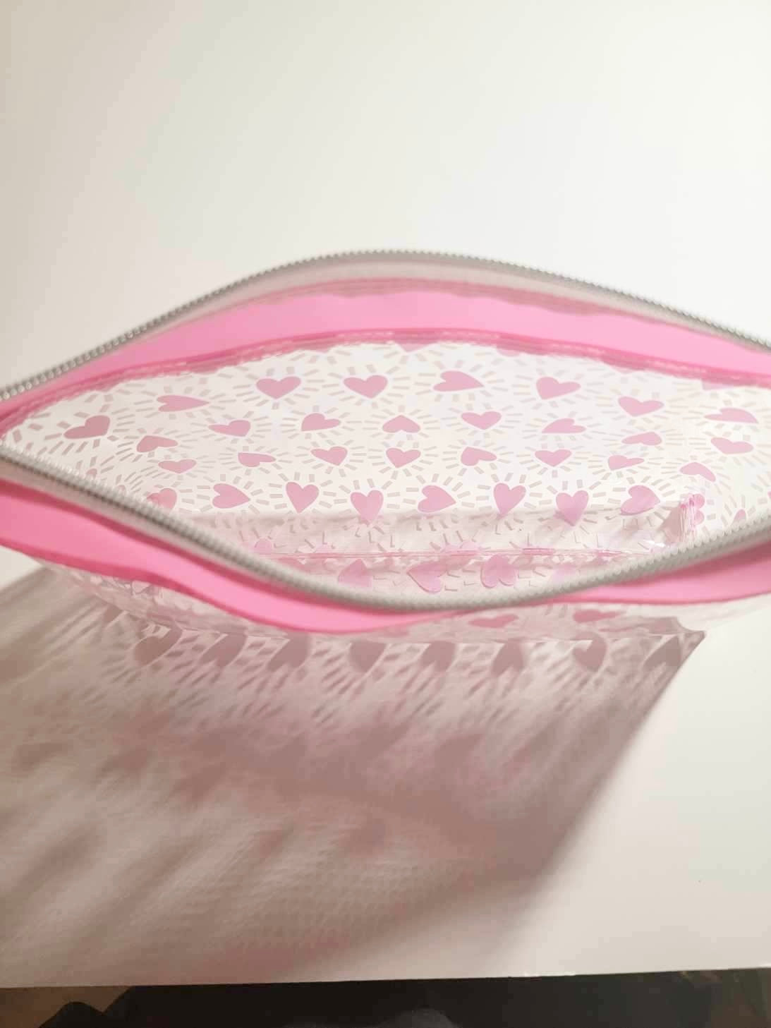 Jelly Fabric Pink Heart Print Makeup Bag! 10”W x 5.5”H